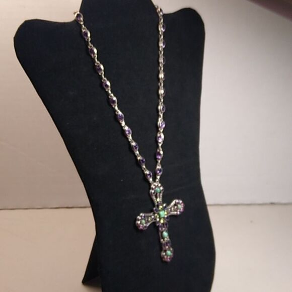 Vintage Faceted Amethyst Garnet Peridot Sterling Silver Cross/Chain & Turquoise - Picture 5 of 12